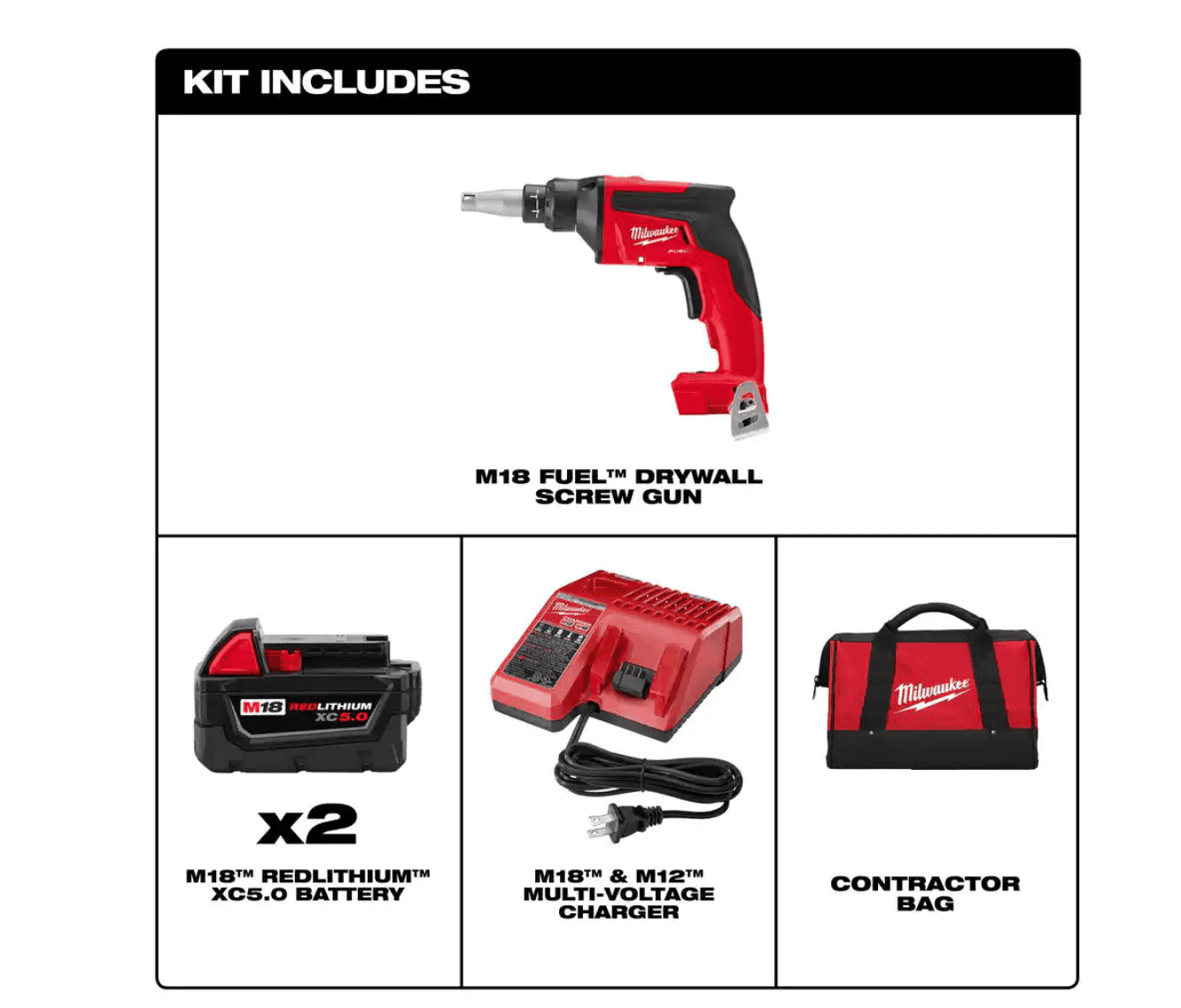 Milwaukee 2866-22 M18 FUEL 18V Lithium-Ion Brushless Cordless Drywall Screw Gun Kit with (2) 5.0Ah Batteries, Charger and Tool Bag