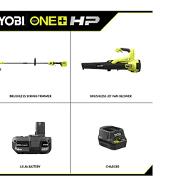 RYOBI P20121VNM ONE+ HP 18V Brushless Cordless Battery String Trimmer and Leaf Blower Combo Kit with 4.0 Ah Battery and Charger