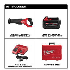 Milwaukee 2821-21 M18 FUEL 18V Lithium-Ion Brushless Cordless SAWZALL Reciprocating Saw Kit W/one 5.0 Ah Batteries, Charger and Case
