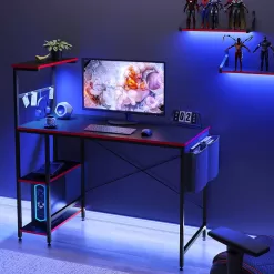 Bestier Reversible 44 inch Computer Desk with LED Lights Gaming Desk , 4 Tier Shelves Carbon Fiber