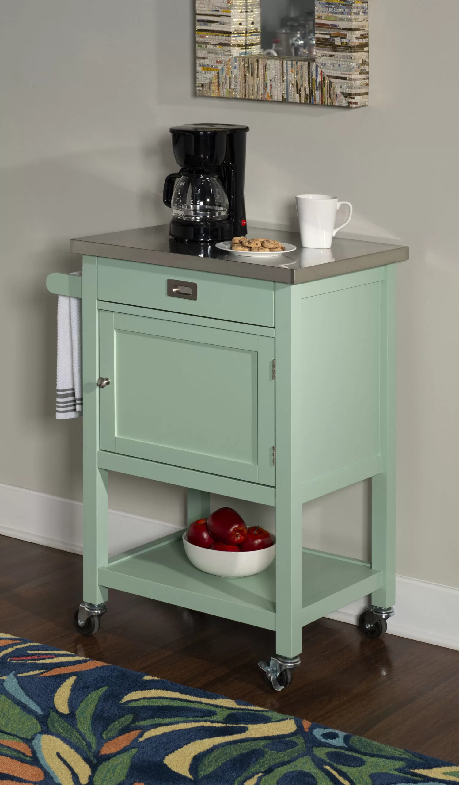 Linon Green Wood Base with Stainless Steel Metal Top Rolling Kitchen Cart (22-in x 18-in x 36-in) - Image 2