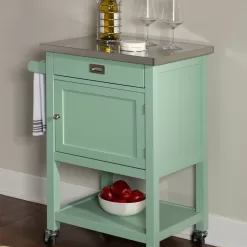 Linon Green Wood Base with Stainless Steel Metal Top Rolling Kitchen Cart (22-in x 18-in x 36-in)
