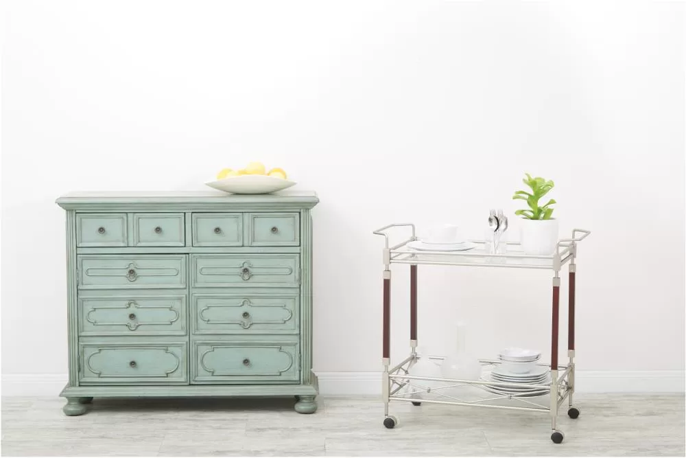 OSP Home Furnishings Chrome Metal Base with Glass Top Rolling Kitchen Cart (16.38-in x 31.25-in x 30-in) - Image 4