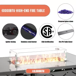 Outdoor Propane Fire Pit Table, 43 inch 60,000 BTU Auto-Ignition Outdoor Gas Fire Pit Tables with Glass Wind Guard, Lava Stone for Garden