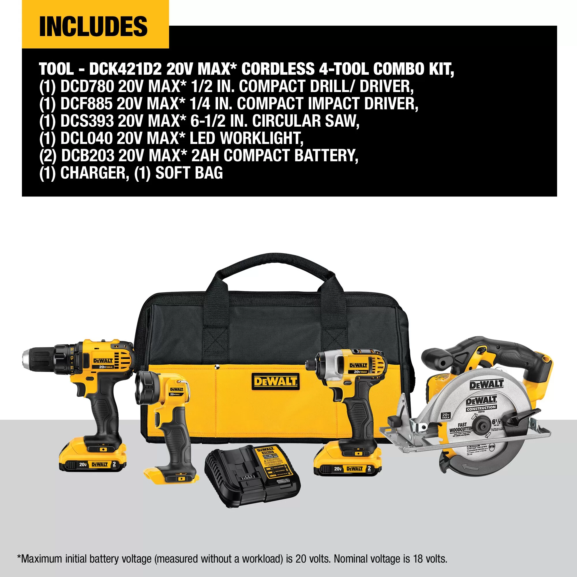 DEWALT DCK421D2 4-Tool 20-Volt Max Power Tool Combo Kit with Soft Case (2-Batteries and charger Included) - Image 2