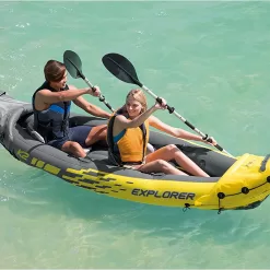 Explorer K2 Kayak, 2-Person Inflatable Kayak Set with Aluminum Oars and High Output Air Pump