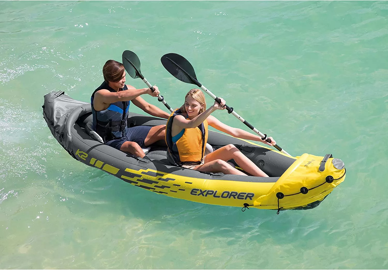 Explorer K2 Kayak, 2-Person Inflatable Kayak Set with Aluminum Oars and High Output Air Pump