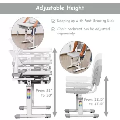 Gymax Height Adjustable Kids Desk Chair Set Study Drawing w/Lamp & Bookstand Gray