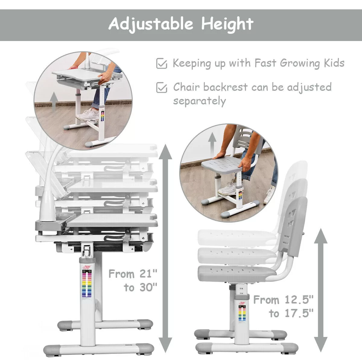 Gymax Height Adjustable Kids Desk Chair Set Study Drawing w/Lamp & Bookstand Gray