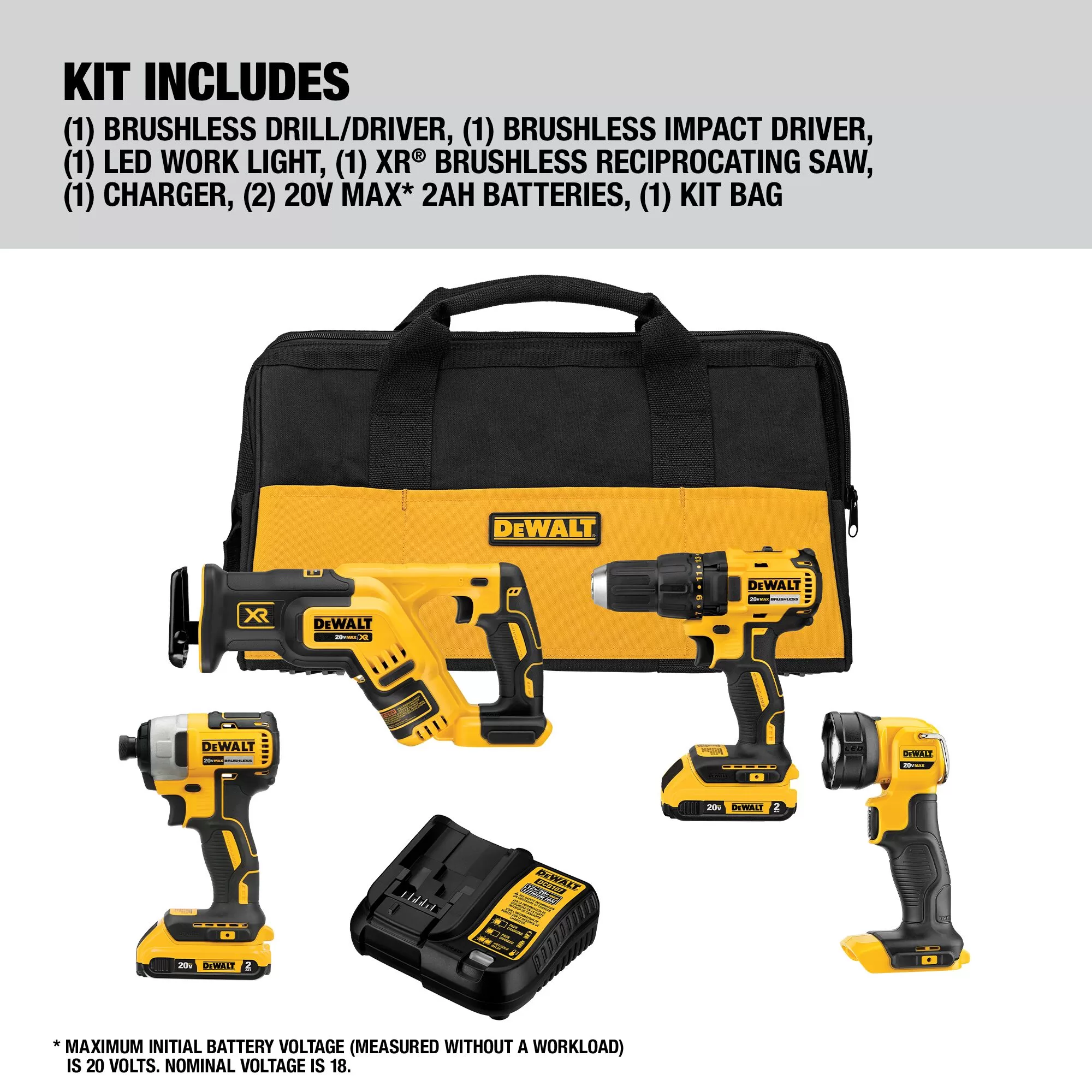 DEWALT 4-Tool 20-Volt Max Brushless Power Tool Combo Kit with Soft Case (2-Batteries and charger Included) - Image 3