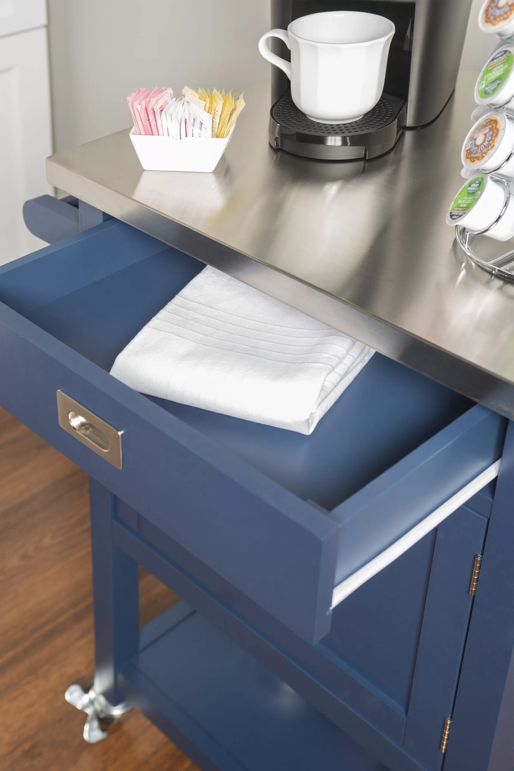 Linon Blue Wood Base with Stainless Steel Metal Top Rolling Kitchen Cart (25.5-in x 17.99-in x 36.02-in) - Image 3