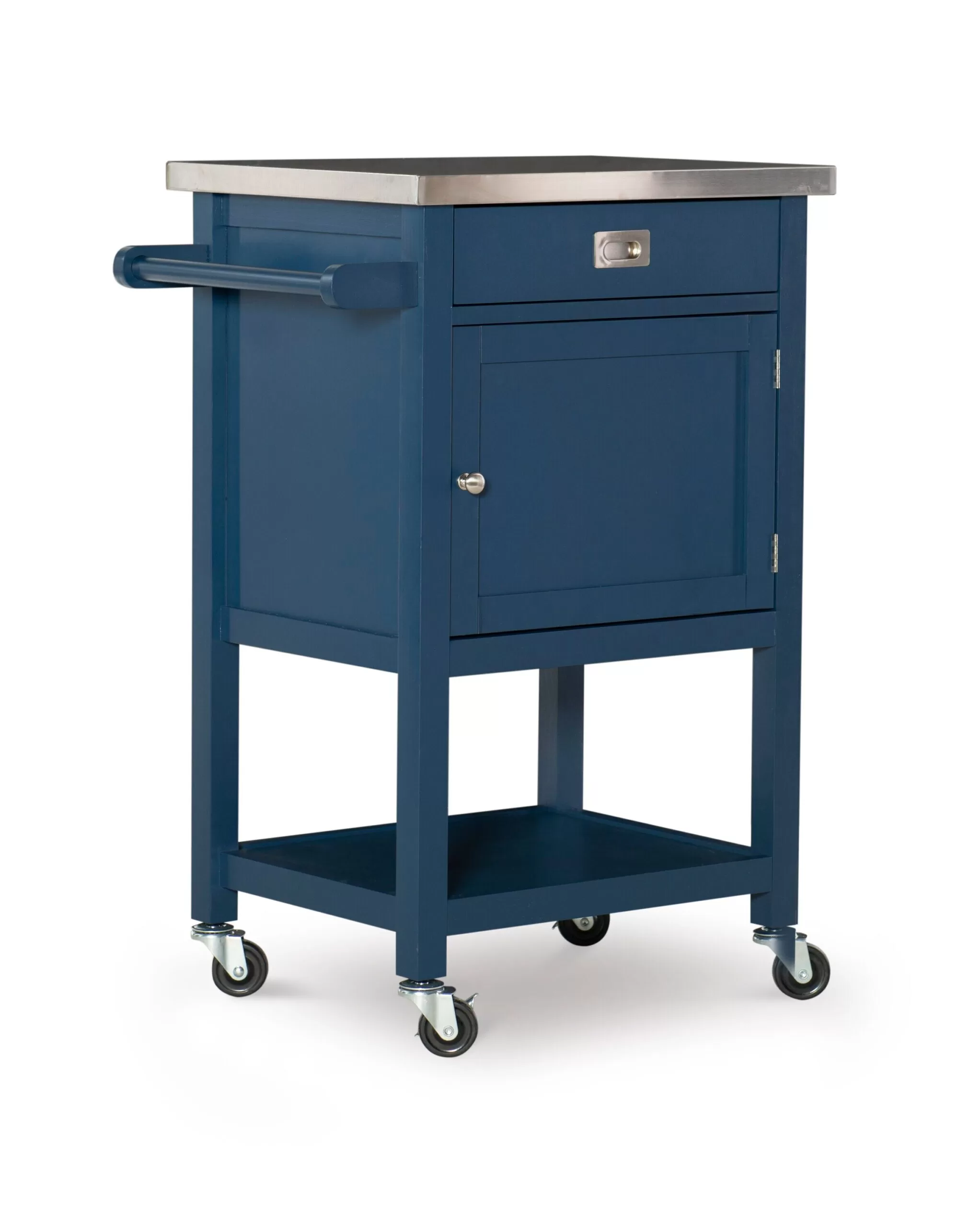 Linon Blue Wood Base with Stainless Steel Metal Top Rolling Kitchen Cart (25.5-in x 17.99-in x 36.02-in) - Image 4