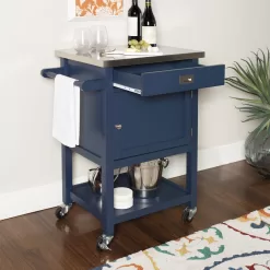 Linon Blue Wood Base with Stainless Steel Metal Top Rolling Kitchen Cart (25.5-in x 17.99-in x 36.02-in)