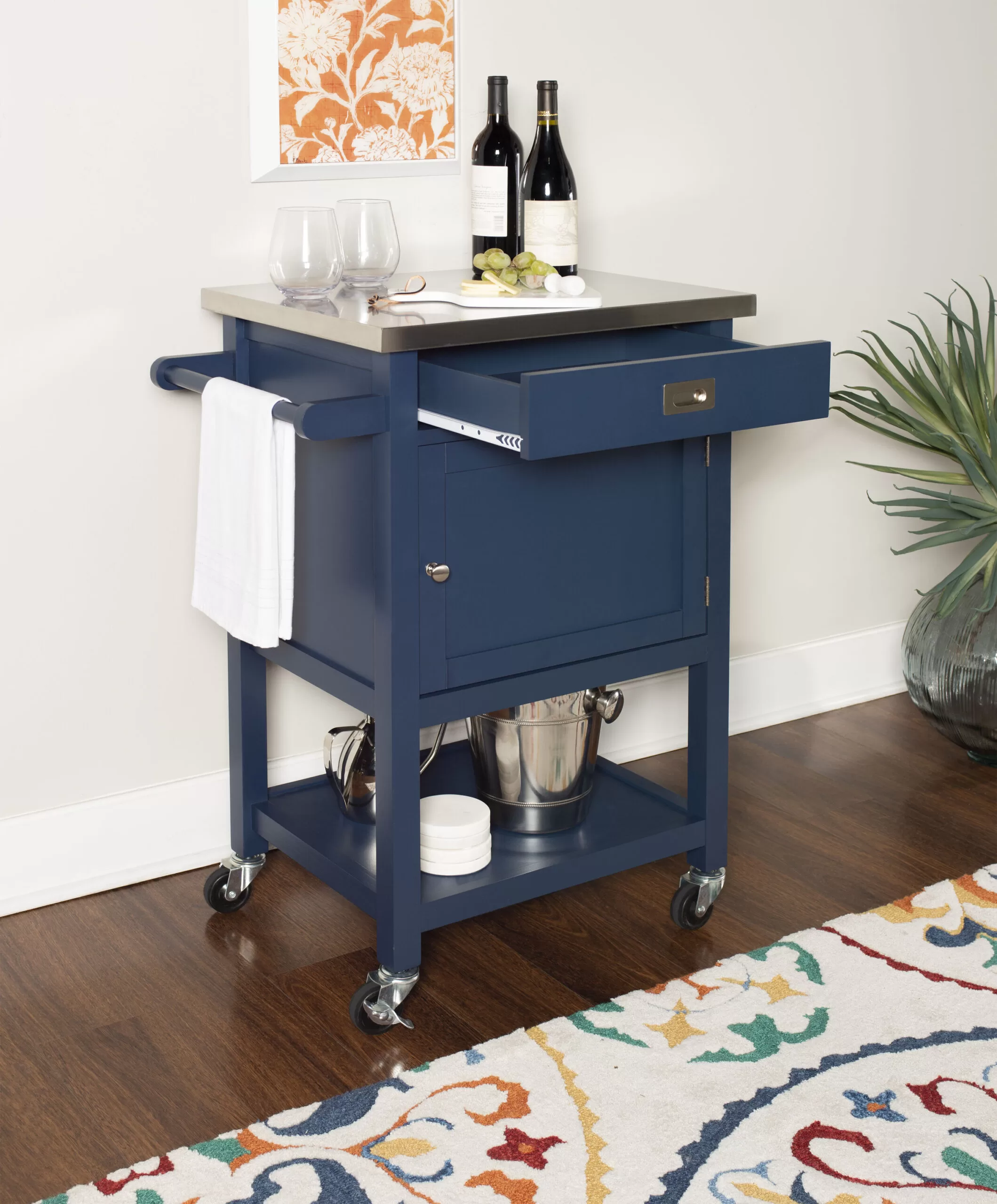 Linon Blue Wood Base with Stainless Steel Metal Top Rolling Kitchen Cart (25.5-in x 17.99-in x 36.02-in)