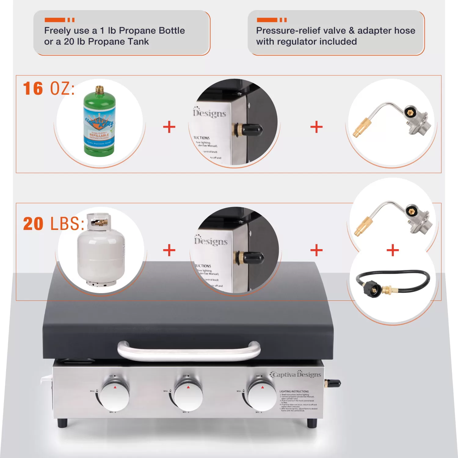 MF Studio 22-Inch Tabletop Griddle Portable Propane Gas Griddle with 3 Burners - Black