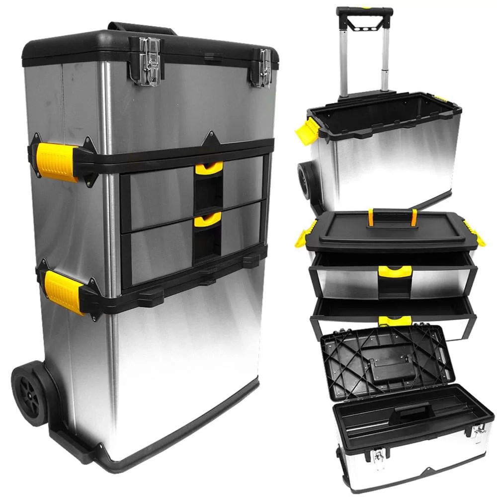 Fleming Supply 3-Part Metal Tool Box on Wheels, Silver 22.25-in 2-Drawer Silver Steel Wheels Tool Box