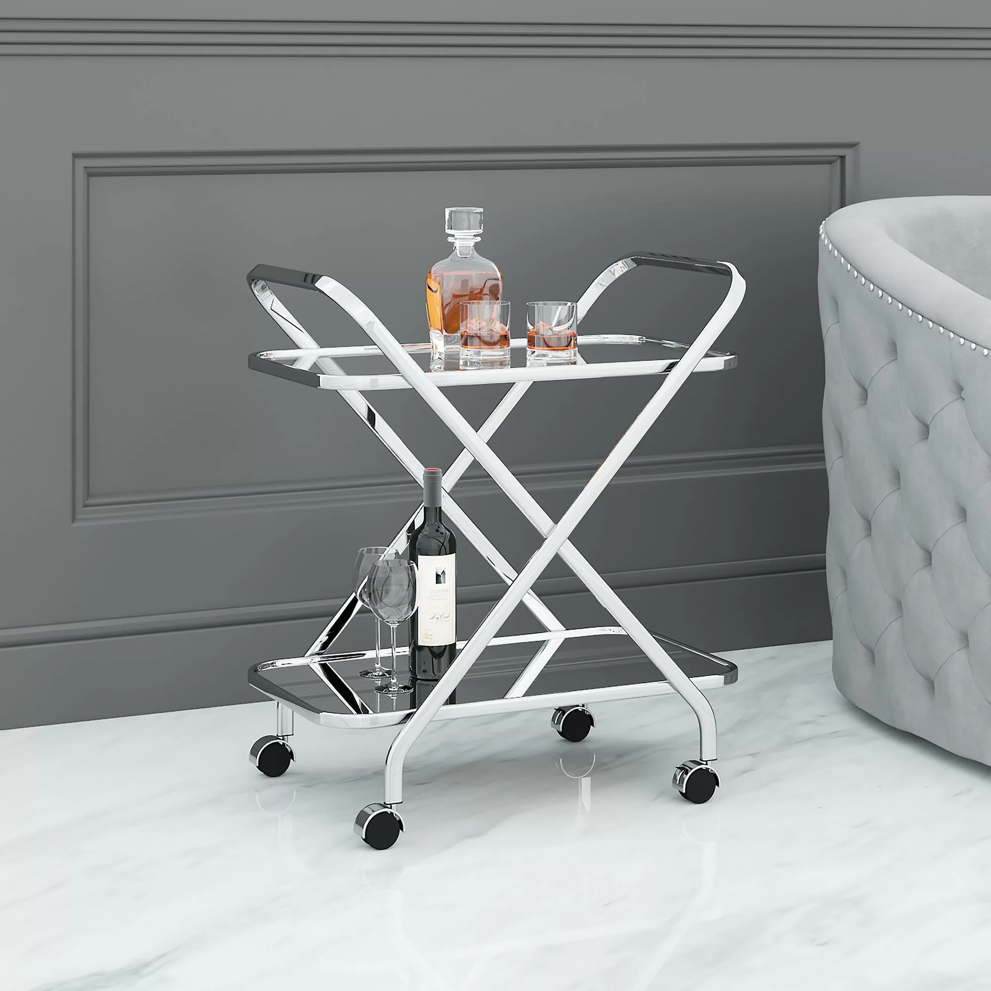 Worldwide Homefurnishings Chrome Metal Base with Glass Top Rolling Kitchen Cart (16.5-in x 26.5-in x 30.5-in) - Image 2