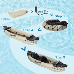 Outsunny 2 Person Inflatable Kayak, Includes Paddles, Repair Kit, Portable Tandem Blow Up Boat, Beige