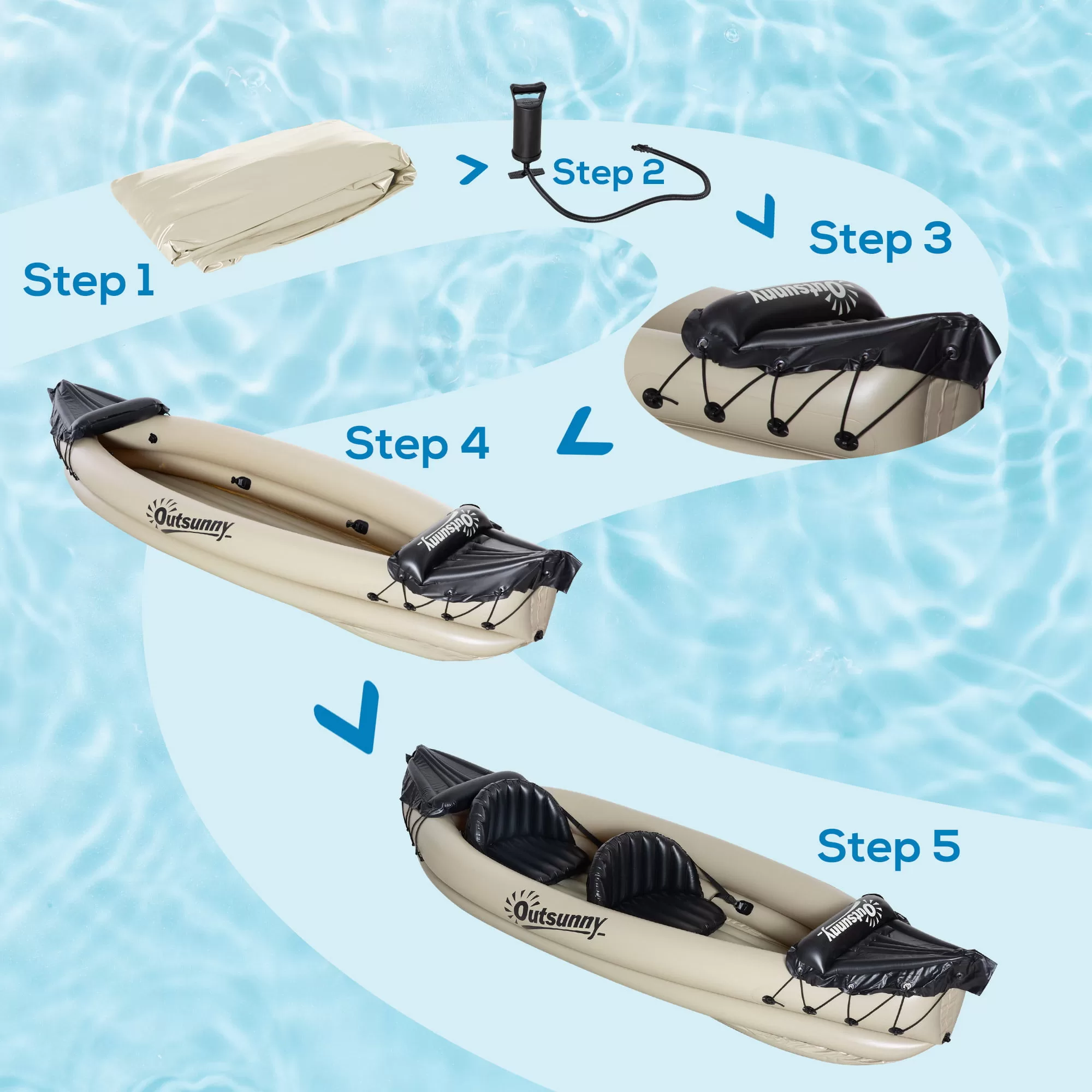 Outsunny 2 Person Inflatable Kayak, Includes Paddles, Repair Kit, Portable Tandem Blow Up Boat, Beige