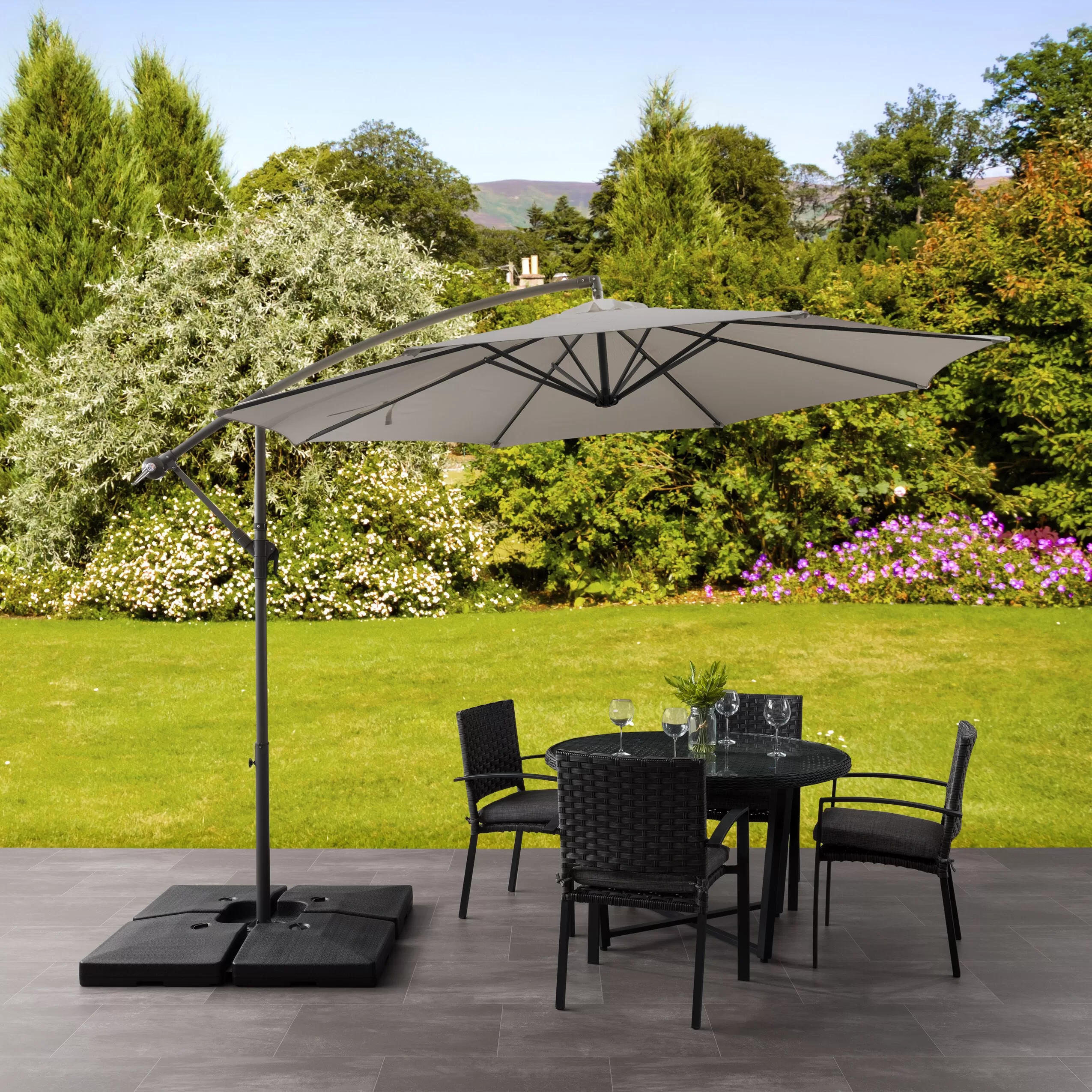 CorLiving 9.5-ft Solid/Sand Grey No-tilt Offset Patio Umbrella with Base - Image 2