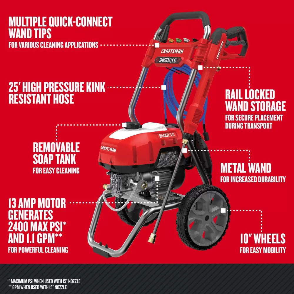 CRAFTSMAN CMEPW2400 2400 PSI 1.1-Gallon-GPM Cold Water Electric Pressure Washer - Image 4