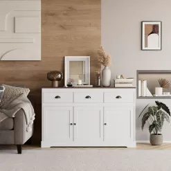 Homfa Sideboard Storage Cabinet with 3 Drawers & 3 Doors, 53.54'' Wide Buffet Cabinet for Dining Room, White