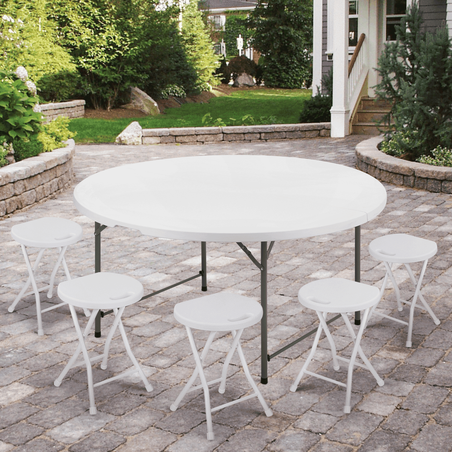 MoNiBloom 5 foot Bi-Fold Plastic Table, Foldable Round Indoor Outdoor Desk for Kitchen Party Wedding, White