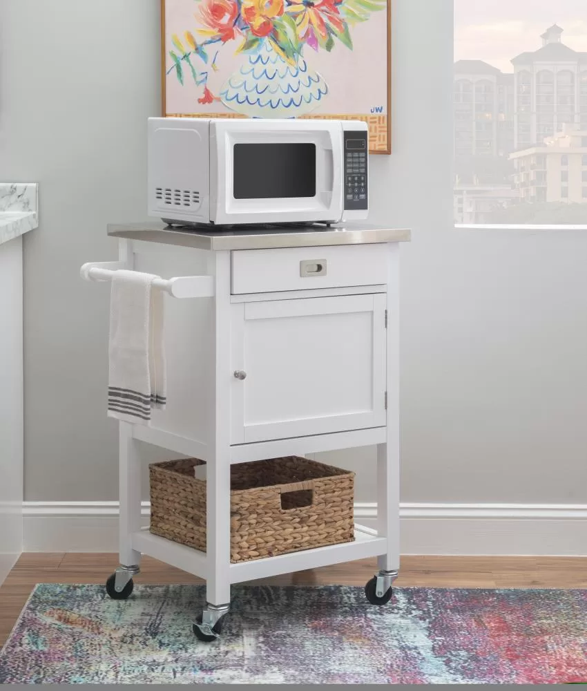 Linon White Wood Base with Stainless Steel Metal Top Rolling Kitchen Cart (25.5-in x 18-in x 36-in) - Image 2