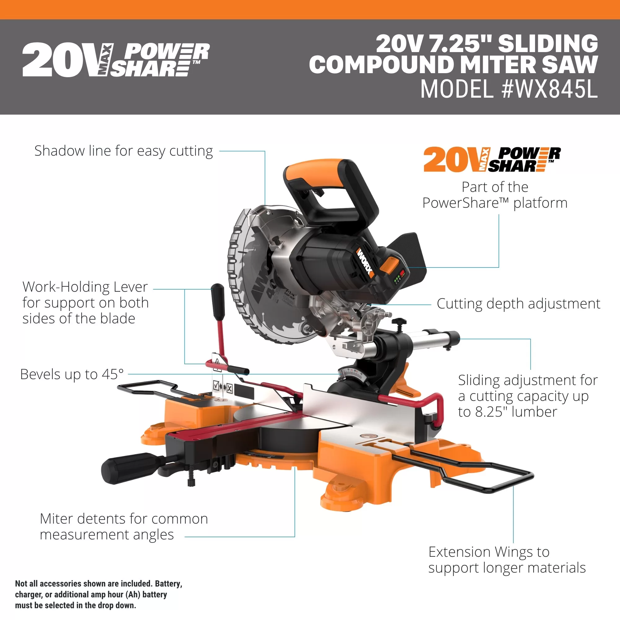 WORX Power Share POWER SHARE 7-1/4-in 20-volt Max Single Bevel Sliding Compound Cordless Miter Saw (Cordless) - Image 10