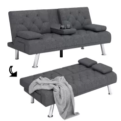 Homfa Convertible Futon Sofa Bed Couch, Folding Sleeper Upholstered Sofa with Removable Armrests and 2 Cup Holders, Dark Gray