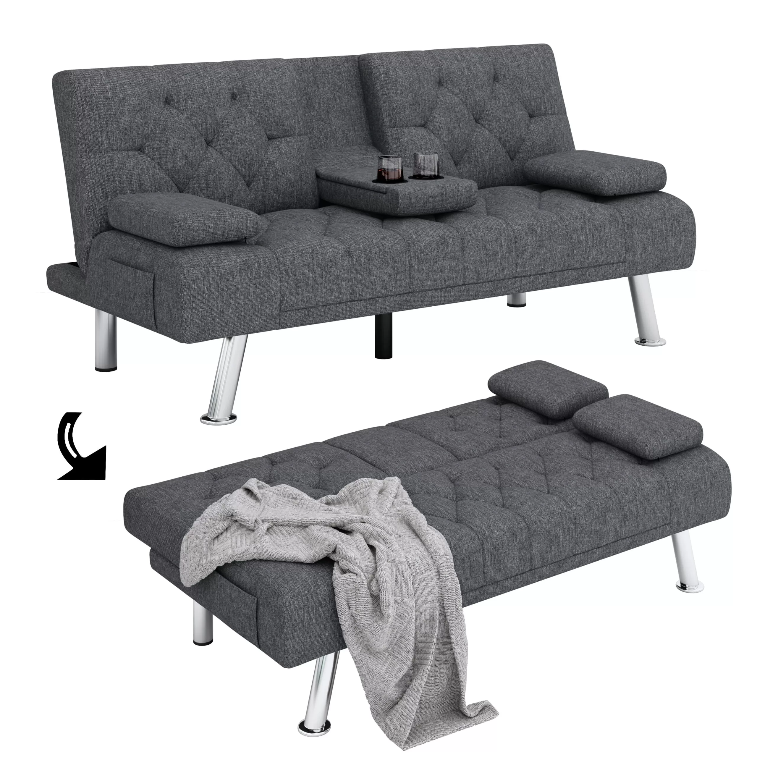 Homfa Convertible Futon Sofa Bed Couch, Folding Sleeper Upholstered Sofa with Removable Armrests and 2 Cup Holders, Dark Gray