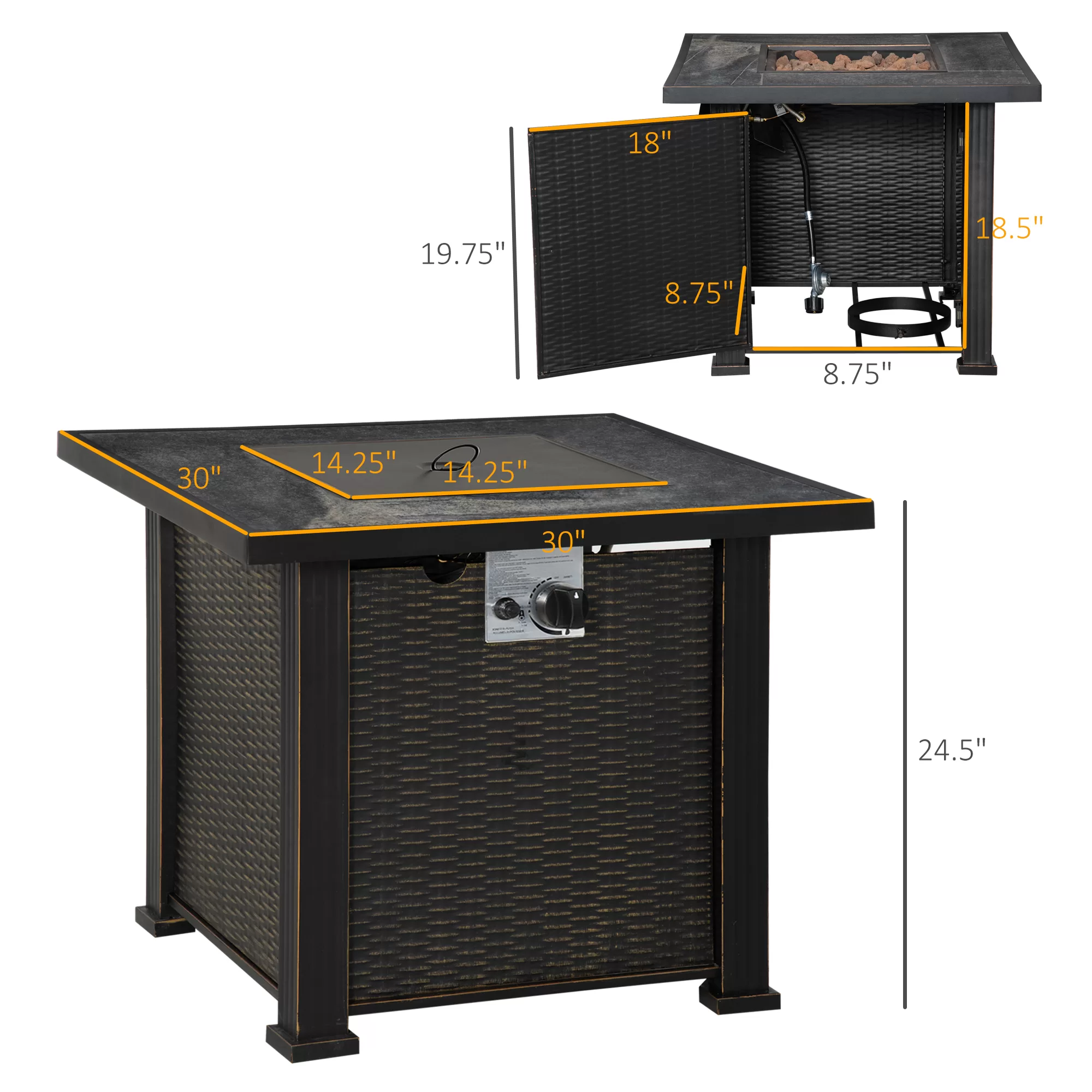 Outsunny 30 Inch Outdoor Propane Gas Fire Pit Table, 50,000 BTU Auto-Ignition Square Wicker-effect Gas Firepit, CSA Certification