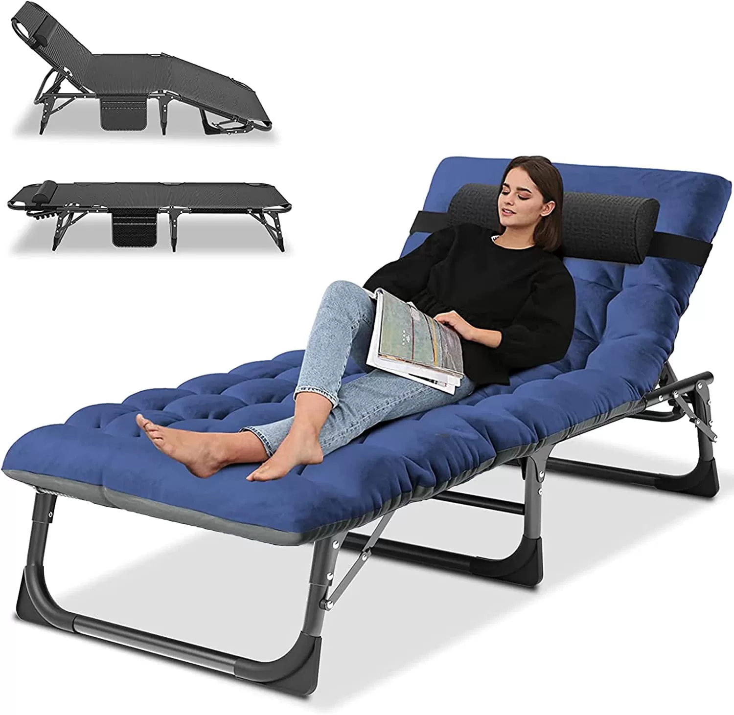 Slsy Folding Bed Cot with 3.3 Inch Mattress & Pillow, 4-Reclining Position Lounge Chair, 75.2"* 26.8" Sleeping Cot Guest Bed, Folding Camping Cots