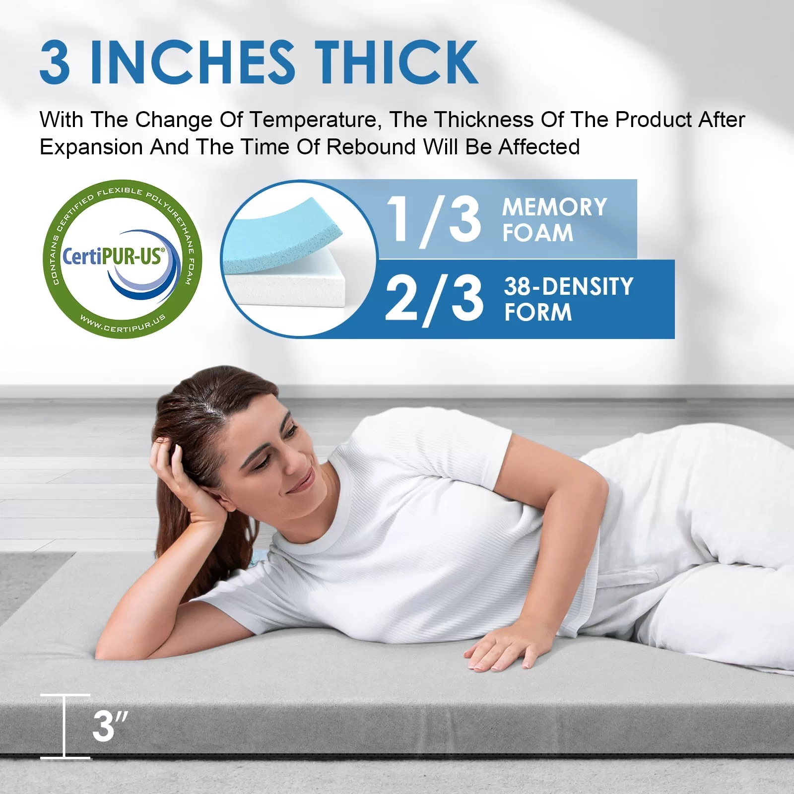 KingChii CertiPUR-US 3" Thick Memory Foam Camping Mattress, Sleeping Bed for Kids Adults