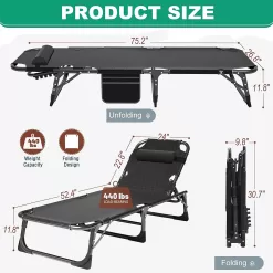 Slsy Folding Bed Cot with 3.3 Inch Mattress & Pillow, 4-Reclining Position Lounge Chair, 75.2