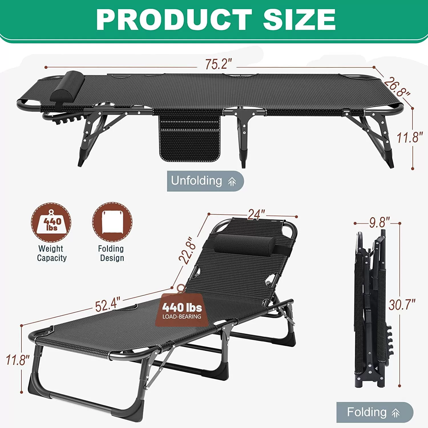 Slsy Folding Bed Cot with 3.3 Inch Mattress & Pillow, 4-Reclining Position Lounge Chair, 75.2"* 26.8" Sleeping Cot Guest Bed, Folding Camping Cots