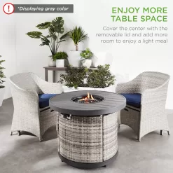 Best Choice Products 32in Round Gas Fire Pit Table, 50,000 BTU Outdoor Wicker Patio Propane Firepit w/ Cover - Brown