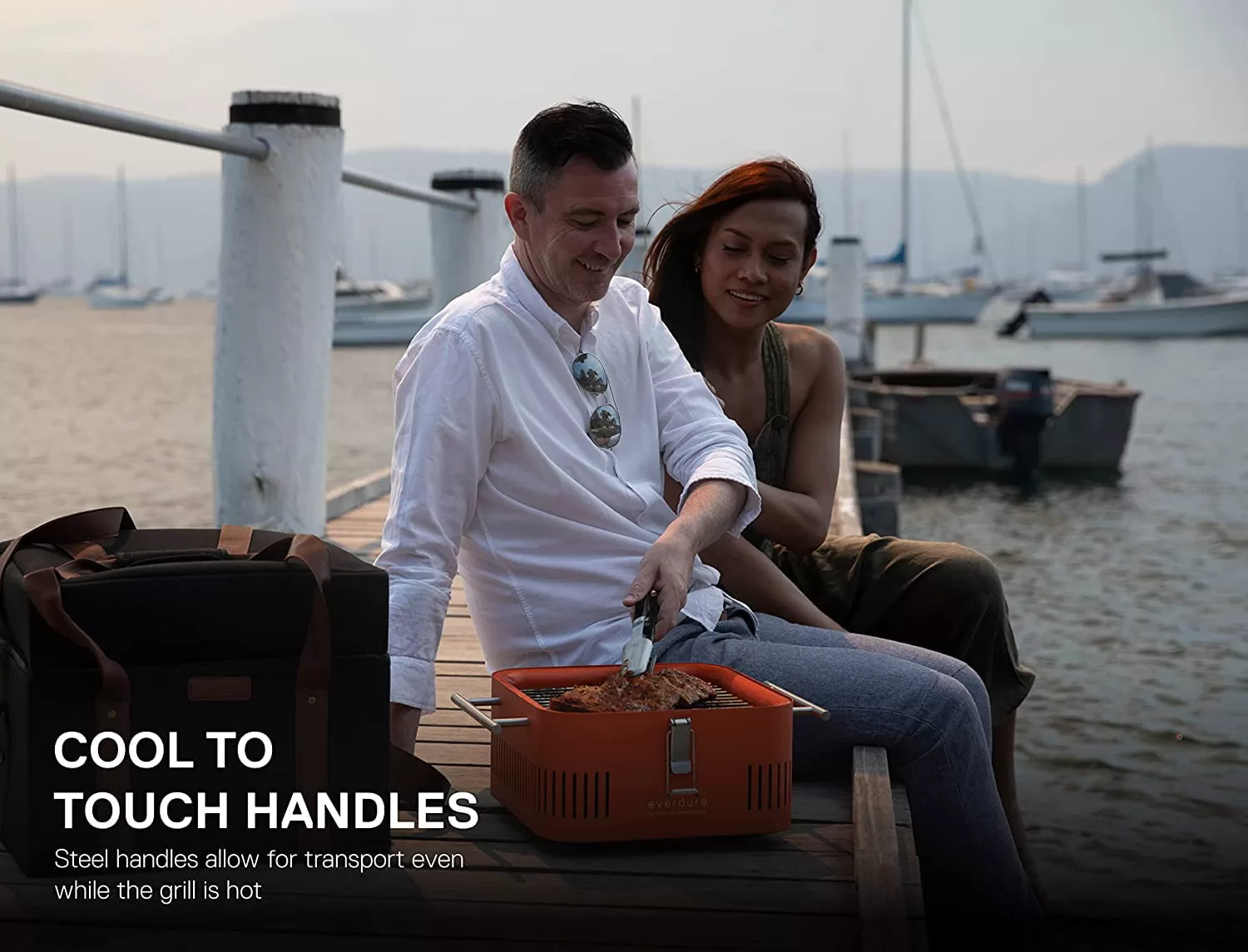 Everdure CUBE Charcoal Grill with Cool Touch Handles, Storage Container & Bamboo Serving Board