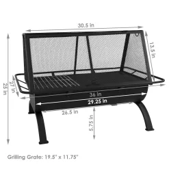 Sunnydaze Outdoor Camping or Backyard Rectangular Northland Fire Pit with Cooking Grill Grate, Spark Screen, Log Poker, and Fire Pit Cover - 36