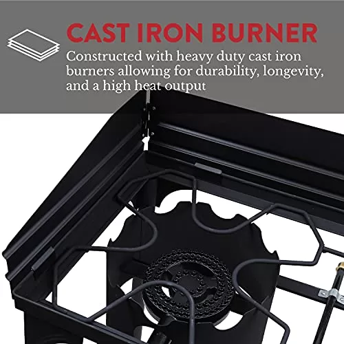 Gas One Two Burner Propane Camp Stove, Two 75,000BTU Cast Iron Burners with Windscreen Outdoor High Pressure Propane Double Burner