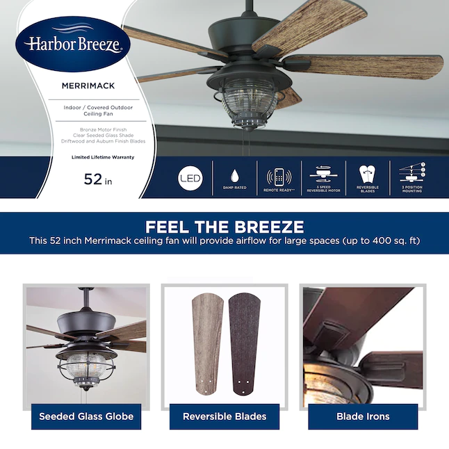 Harbor Breeze Merrimack II 52-in Bronze LED Indoor/Outdoor Downrod or Flush Mount Ceiling Fan with Light (5-Blade) - Image 2