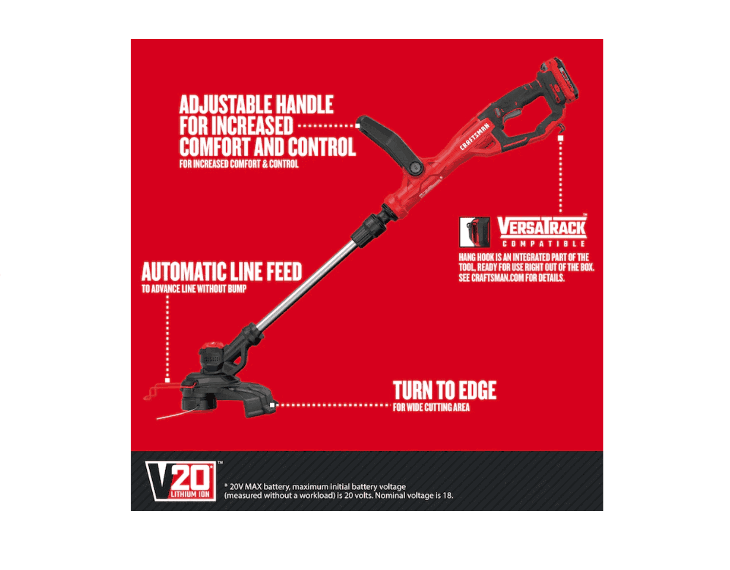 CRAFTSMAN CMCST900D1 WEEDWACKER V20 20-volt Max 13-in Straight Cordless String Trimmer Edger Capable (Battery Included) - Image 3