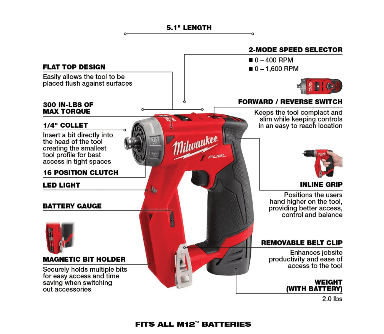 Milwaukee 2505-22-2457-20 M12 FUEL 12V Lithium-Ion Brushless Cordless 4-in-1