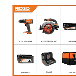 RIDGID R9207 18V Cordless 1/2 in. Drill/Driver and 6-1/2 in. Circular Saw Combo Kit with 2.0 Ah and 4.0 Ah Battery, Charger, and Bag