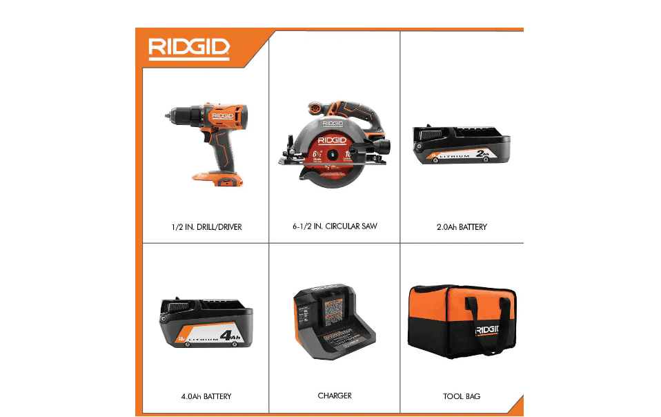 RIDGID R9207 18V Cordless 1/2 in. Drill/Driver and 6-1/2 in. Circular Saw Combo Kit with 2.0 Ah and 4.0 Ah Battery, Charger, and Bag
