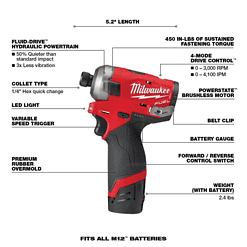 Milwaukee 2551-22-2415-20 M12 FUEL SURGE 12V Lithium-Ion Brushless Cordless 1/4 in. Hex Impact Driver Compact Kit with M12 Right Angle Drill