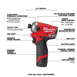 Milwaukee 2551-22-2426-20 M12 FUEL SURGE 12V Lithium-Ion Brushless Cordless 1/4 in. Hex Impact Driver Compact Kit with M12 Multi-Tool