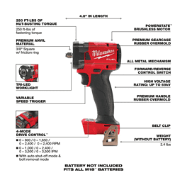 Milwaukee 2854-20 M18 FUEL GEN-3 18V Lithium-Ion Brushless Cordless 3/8 in. Compact Impact Wrench with Friction Ring (Tool-Only)