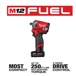 Milwaukee 2555-22 M12 FUEL 12V Lithium-Ion Brushless Cordless Stubby 1/2 in. Impact Wrench Kit with One 4.0 and One 2.0Ah Batteries