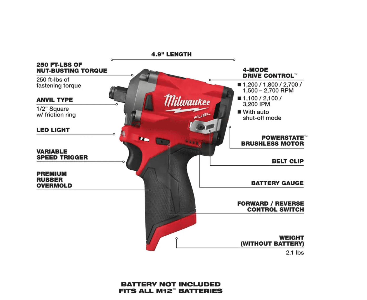 Milwaukee 2555-20 M12 FUEL 12V Lithium-Ion Brushless Cordless Stubby 1/2 in. Impact Wrench (Tool-Only)